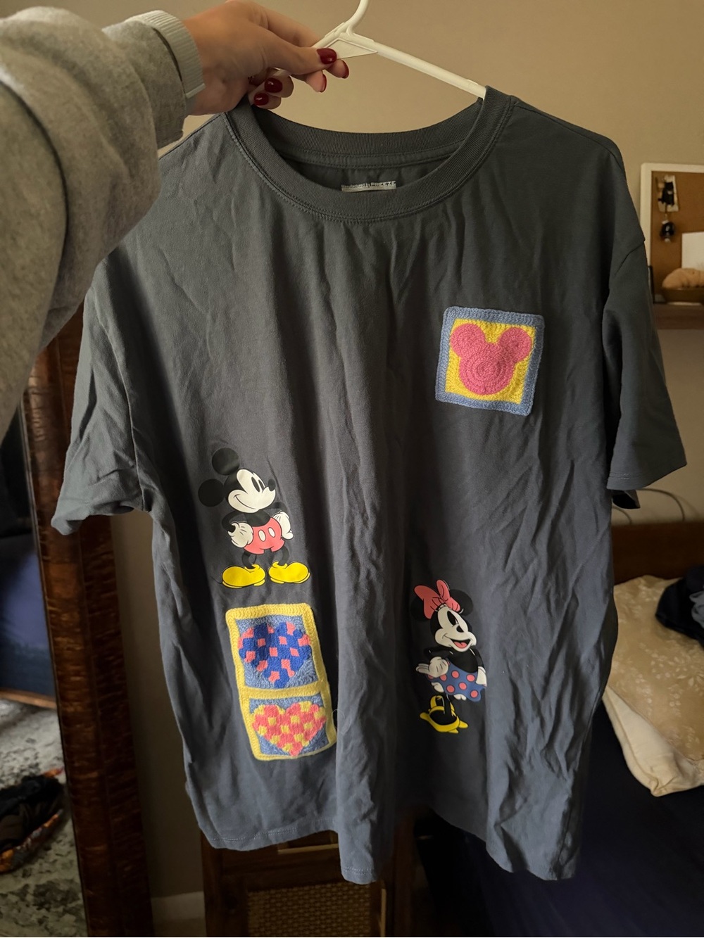 Disney Blue Grey Tee with Pink and Blue Mickey & Minnie Patches, 2XL